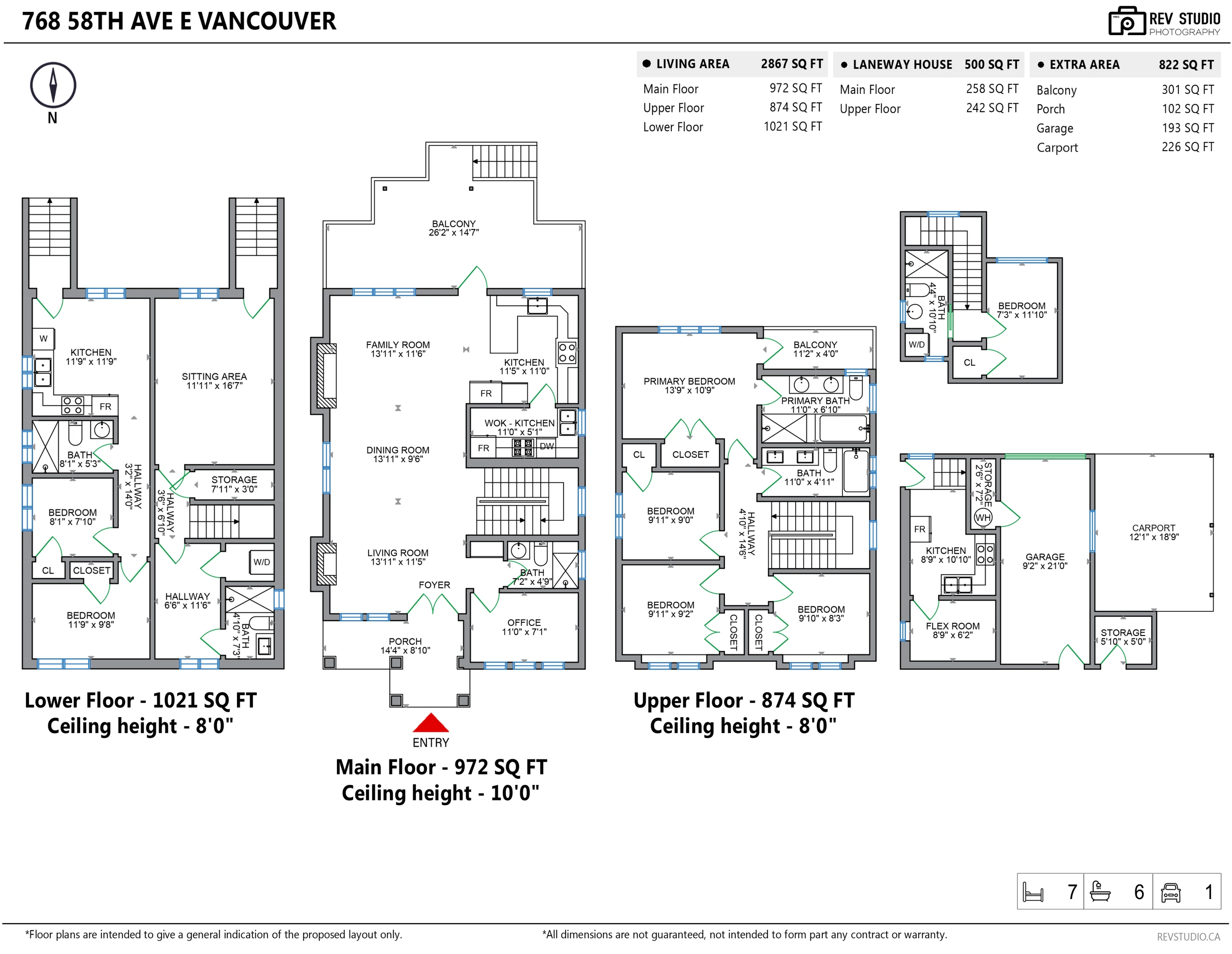 Floor plan of 768 East 58th Avenue: lower floor with kitchen, sitting area, two bedrooms, two bathrooms, laundry and storage; main floor with porch, foyer, living room, dining room, family room, kitchen, wok kitchen, office, bathroom and the balcony; upper floor with the primary bedroom, its bathroom, closet and balcony, three bedrooms, a bathroom and the hall; the laneway house over the garage and carport with its kitchen, flex room, bedroom and bathroom
